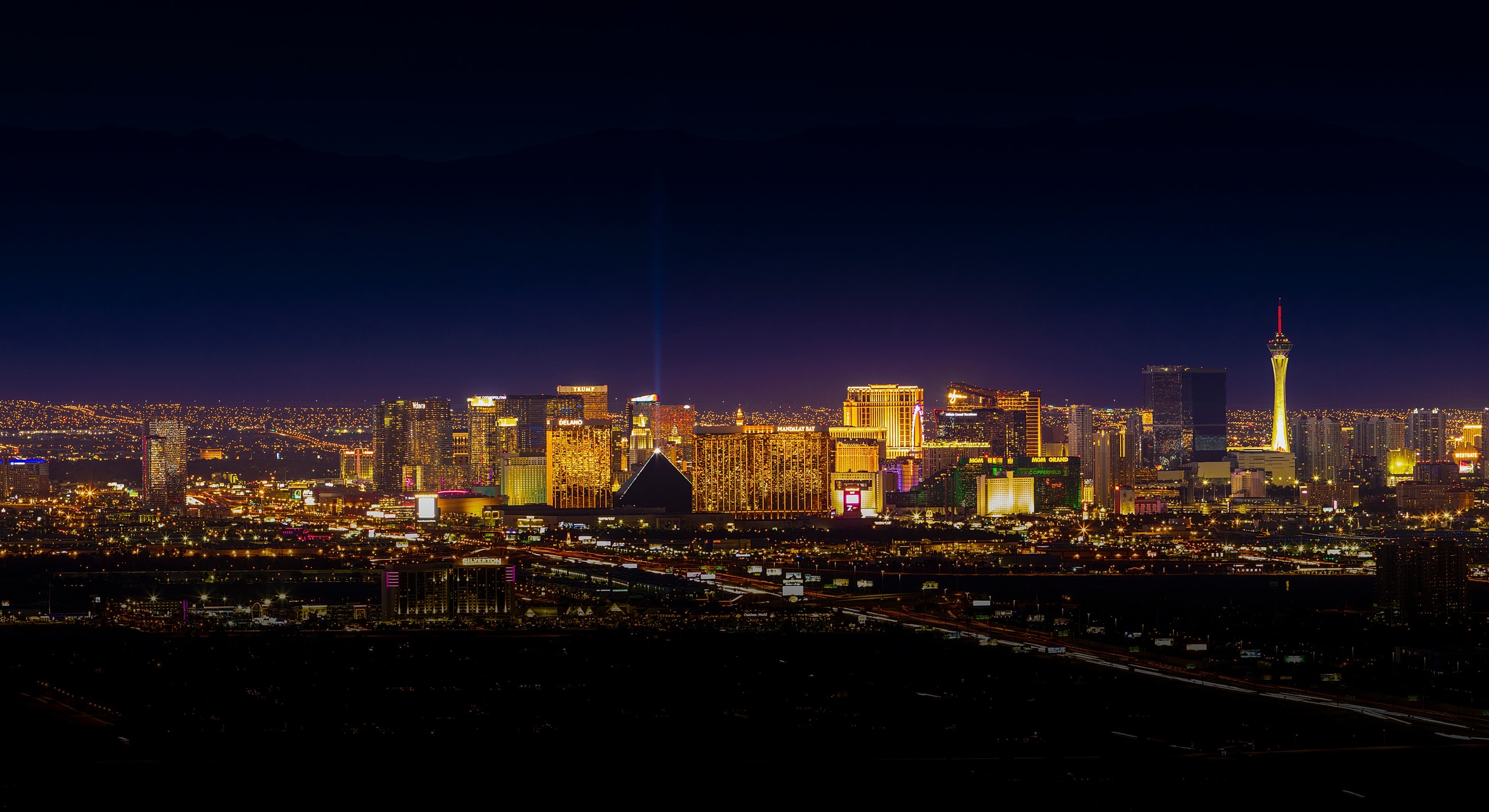 Las Vegas skyline illuminated at night.